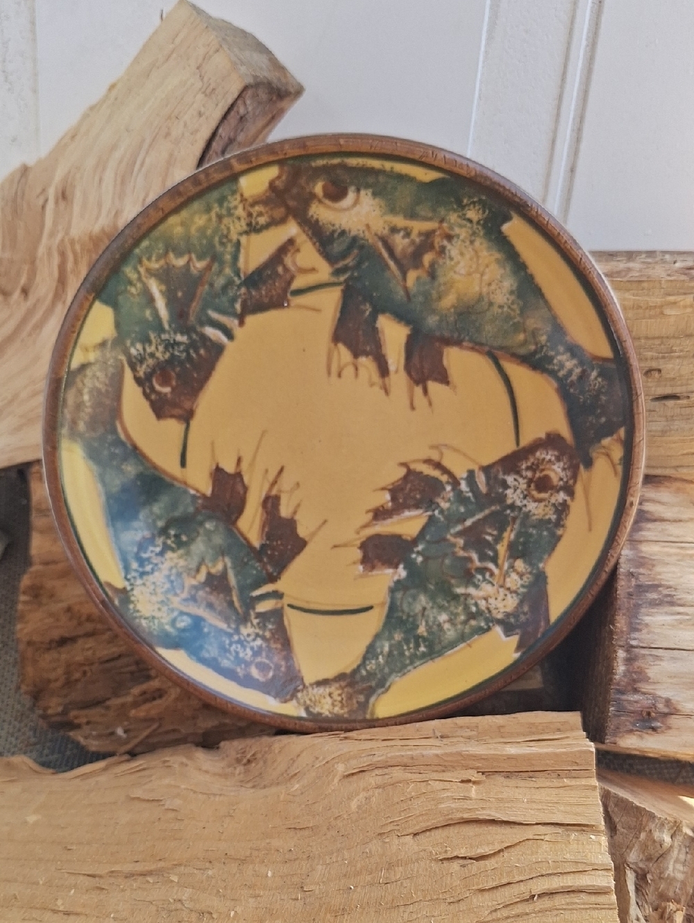 Yellow and Green Fish Motif Decorative Ceramic Bowl - Signed